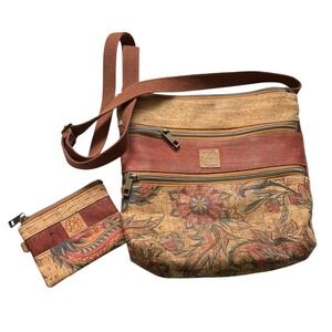 Handcrafted Cork Floral Crossbody Bag Wallet Set Boho Eco Vegan Artisan Travel